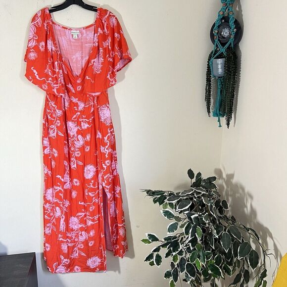 Ava Viv Maxi Long Dress Size 1X Orange Floral Front Slit Peasant Sweetheart Neck - Picture 1 of 6